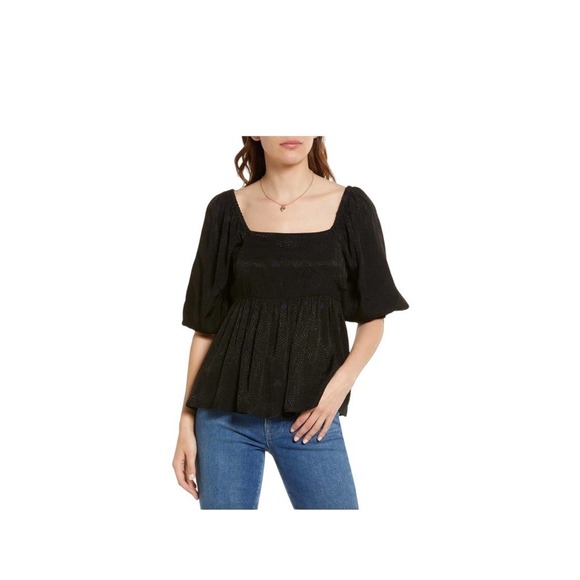 TREASURE & BOND SQUARE‎ NECK PUFF SLEEVE HIGH-LOW BLOUSE BLACK SIZE M NWT - Picture 1 of 16
